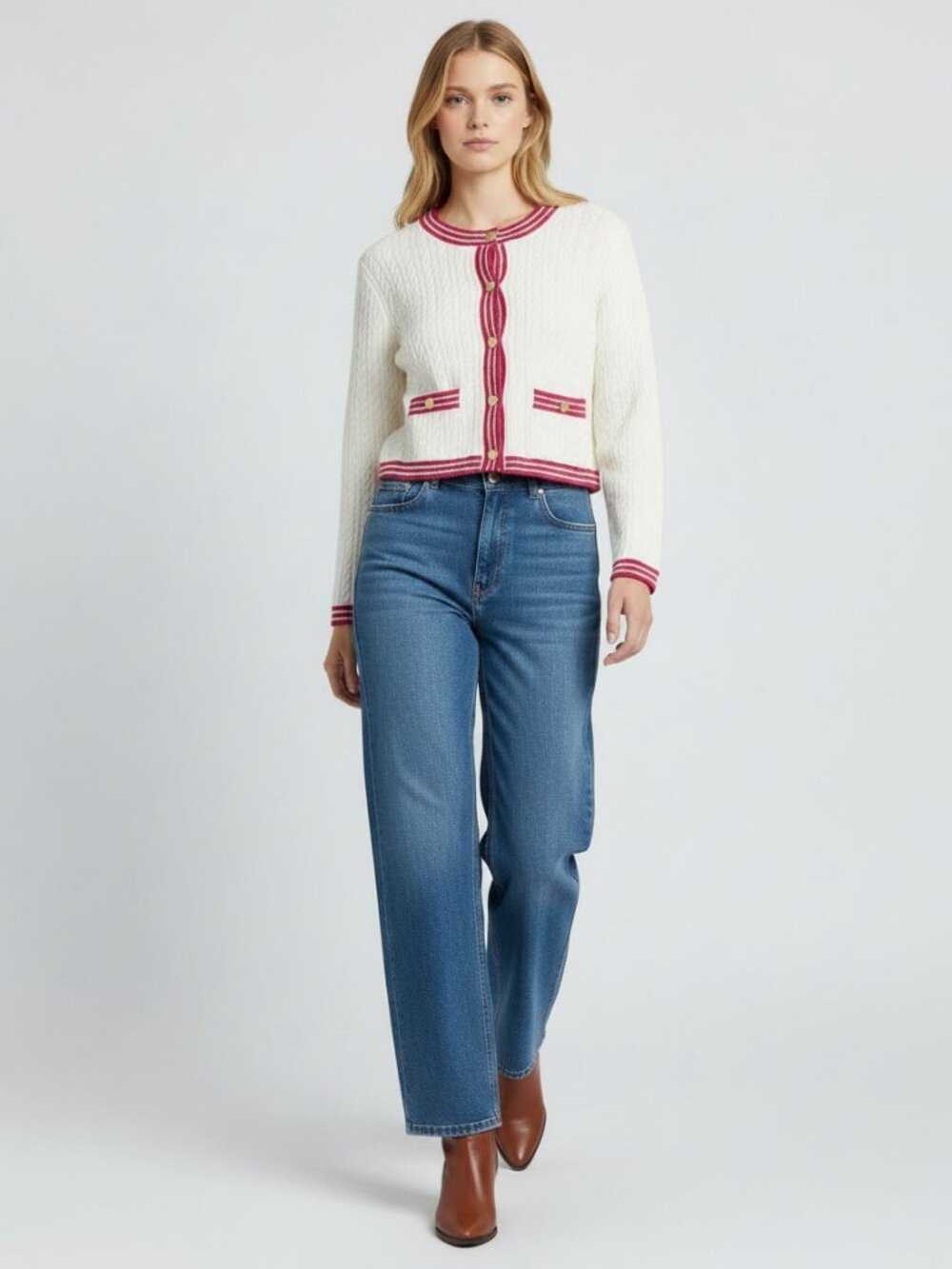 Marled Ivory Cable-Knit Cardigan with Pink Trim, XL